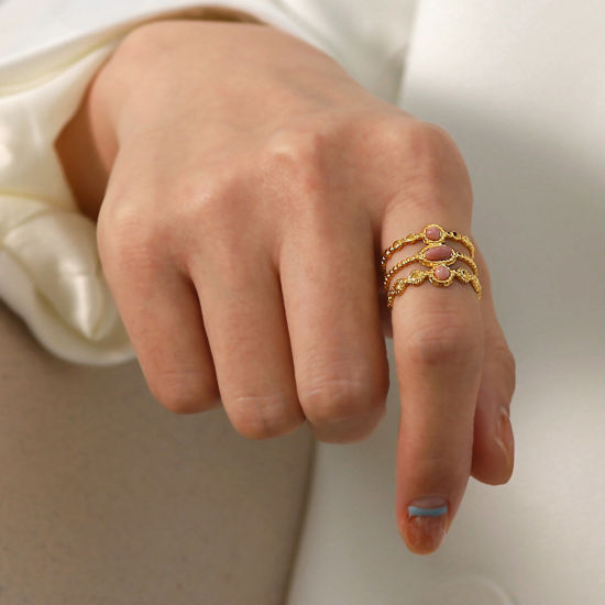 Bild von 1 Stück Vakuumbeschichtung Süß Stilvoll 18K Echtgold plattiert Rosa 304 Edelstahl & Stein Offen Geometrie Ring Für Frauen 20mm（US Größe:10,25)