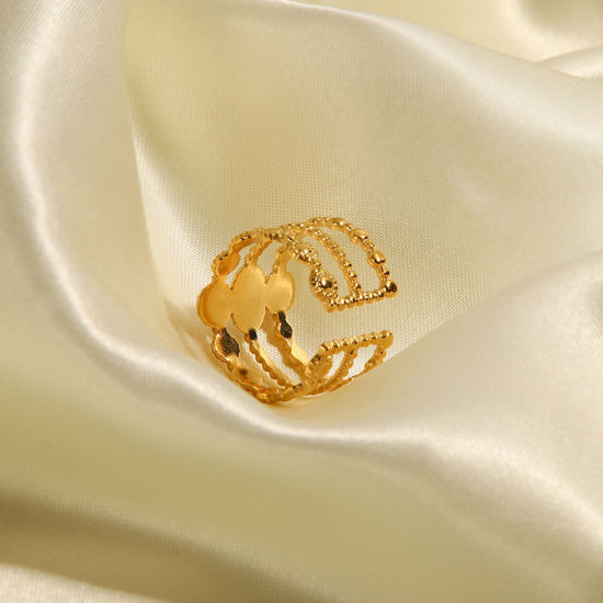 Bild von 1 Stück Vakuumbeschichtung Süß Stilvoll 18K Echtgold plattiert Rosa 304 Edelstahl & Stein Offen Geometrie Ring Für Frauen 20mm（US Größe:10,25)
