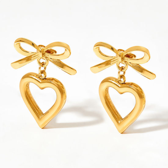 Imagen de 1 Par Enchapado al Vacío Sencillo & Casual Elegante 14K Oro Real Chapado 304 Acero Inoxidable Bowknot Corazón Pendientes Para Mujeres 2.6cm x 1.9cm