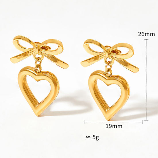 Imagen de 1 Par Enchapado al Vacío Sencillo & Casual Elegante 14K Oro Real Chapado 304 Acero Inoxidable Bowknot Corazón Pendientes Para Mujeres 2.6cm x 1.9cm