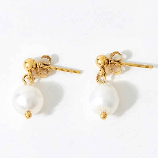Imagen de 1 Par Enchapado al Vacío Elegante Barroco 14K Oro Real Chapado Acero Inoxidable 304 & Perla Natural. Pendientes Para Mujeres Aniversario 1.5cm x 1.5cm