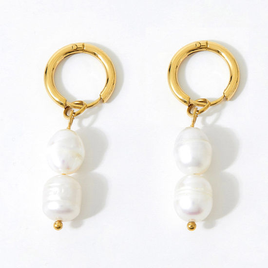 Imagen de 1 Par Enchapado al Vacío Elegante Barroco 14K Oro Real Chapado Acero Inoxidable 304 & Perla Natural. Pendientes Para Mujeres Aniversario 3.5cm x 1.3cm