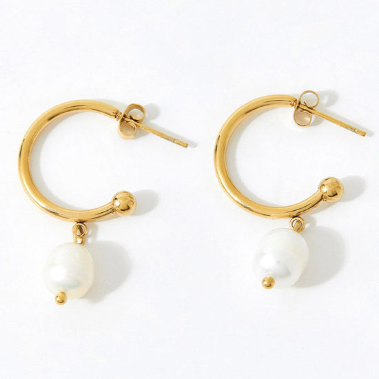 Imagen de 1 Par Enchapado al Vacío Elegante Barroco 14K Oro Real Chapado Acero Inoxidable 304 & Perla Natural. Pendientes Para Mujeres Aniversario 3.5cm x 1.8cm