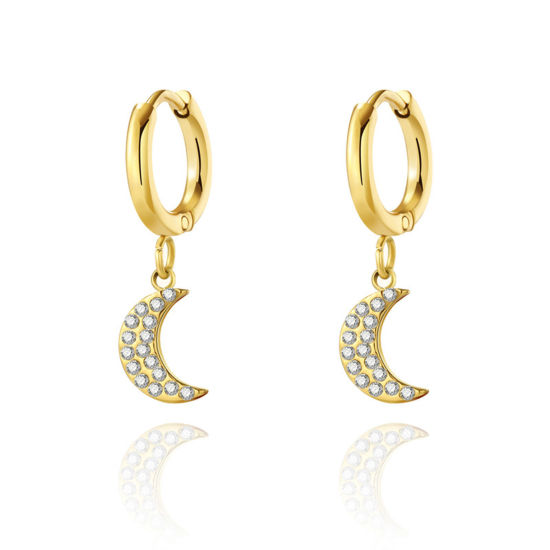 Immagine di 1 Paio Placcatura Sottovuoto Squisito Elegante 14k Vero Oro Placcato 304 Acciaio Inossidabile & Zircone Cubico Luna Micro Spianare Orecchino Per Donne 24mm x 10mm