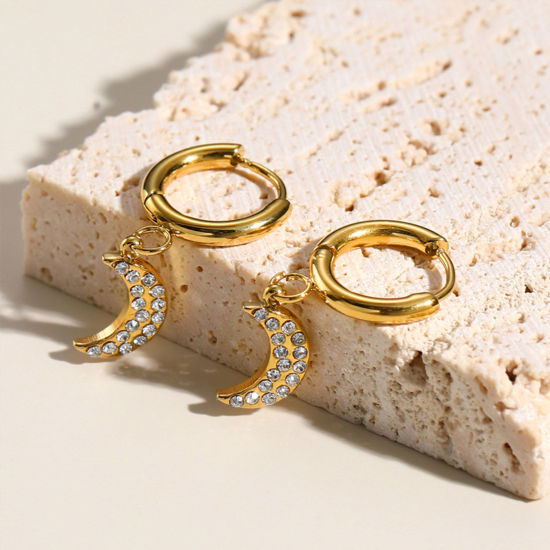 Immagine di 1 Paio Placcatura Sottovuoto Squisito Elegante 14k Vero Oro Placcato 304 Acciaio Inossidabile & Zircone Cubico Luna Micro Spianare Orecchino Per Donne 24mm x 10mm