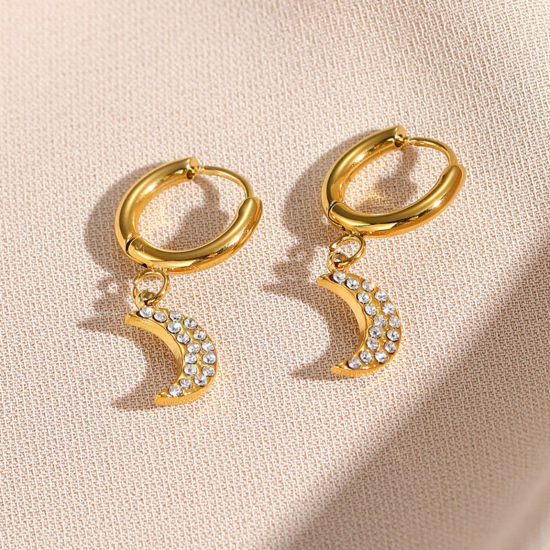 Immagine di 1 Paio Placcatura Sottovuoto Squisito Elegante 14k Vero Oro Placcato 304 Acciaio Inossidabile & Zircone Cubico Luna Micro Spianare Orecchino Per Donne 24mm x 10mm