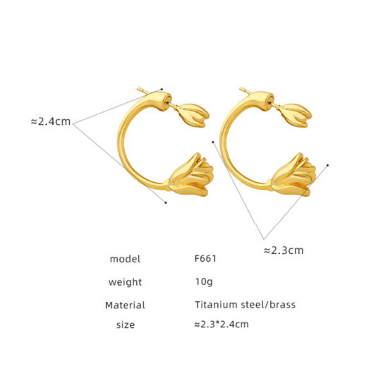 Picture of Eco-friendly Retro Stylish 18K Real Gold Plated Copper Tulip Flower Ear Jacket Stud Earrings For Children 24mm x 23mm, 1 Pair