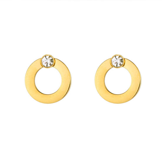 Picture of 1 Pair Vacuum Plating Simple & Casual Stylish 18K Real Gold Plated 304 Stainless Steel & Cubic Zirconia Circle Ring Ear Post Stud Earrings For Women 1cm x 1cm