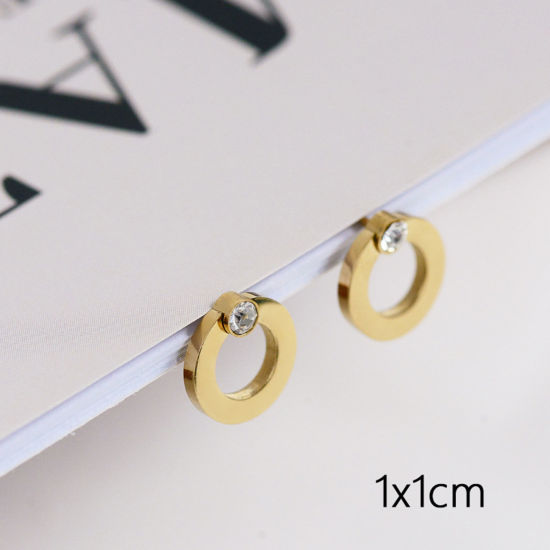 Picture of 1 Pair Vacuum Plating Simple & Casual Stylish 18K Real Gold Plated 304 Stainless Steel & Cubic Zirconia Circle Ring Ear Post Stud Earrings For Women 1cm x 1cm