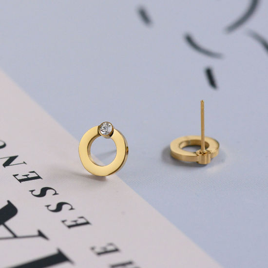 Picture of 1 Pair Vacuum Plating Simple & Casual Stylish 18K Real Gold Plated 304 Stainless Steel & Cubic Zirconia Circle Ring Ear Post Stud Earrings For Women 1cm x 1cm