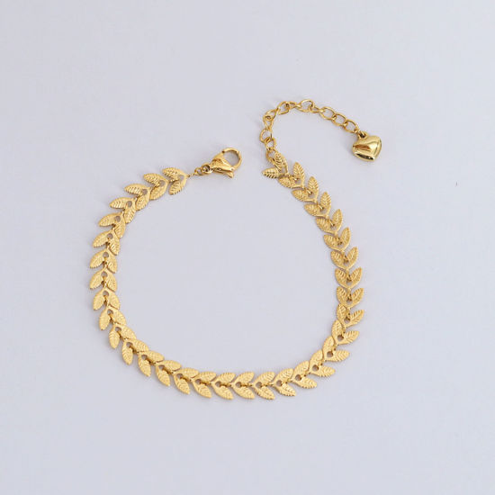 Bild von 1 Strang Vakuumbeschichtung Einfach und lässig Stilvoll 18K Vergoldet 304 Edelstahl Textilgliederkette Kette Weizenähre Armband Für Frauen 16.5cm lang