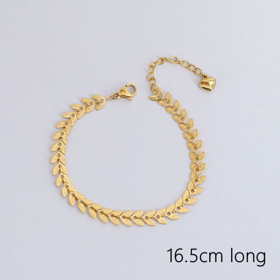 Bild von 1 Strang Vakuumbeschichtung Einfach und lässig Stilvoll 18K Vergoldet 304 Edelstahl Textilgliederkette Kette Weizenähre Armband Für Frauen 16.5cm lang