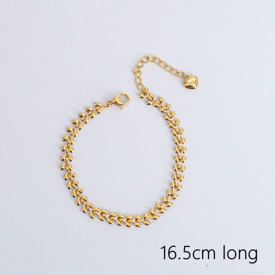 Bild von 1 Strang Vakuumbeschichtung Einfach und lässig Stilvoll 18K Vergoldet 304 Edelstahl Textilgliederkette Kette Blätter Armband Für Frauen 16.5cm lang