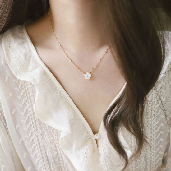 Immagine di 1 Pz Placcatura Sottovuoto Elegante 18K Vero Oro Placcato 304 Acciaio Inossidabile & Conchiglia Cavo Catena Fiore Collana con Ciondolo 42cm Lunghezza