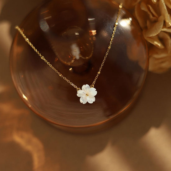 Immagine di 1 Pz Placcatura Sottovuoto Elegante 18K Vero Oro Placcato 304 Acciaio Inossidabile & Conchiglia Cavo Catena Fiore Collana con Ciondolo 42cm Lunghezza