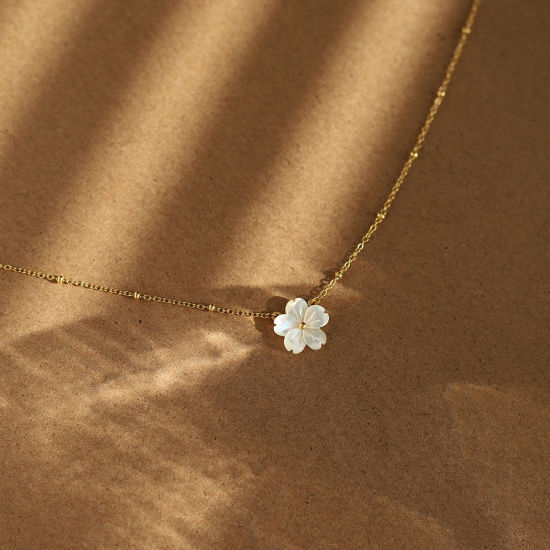 Immagine di 1 Pz Placcatura Sottovuoto Elegante 18K Vero Oro Placcato 304 Acciaio Inossidabile & Conchiglia Cavo Catena Fiore Collana con Ciondolo 42cm Lunghezza