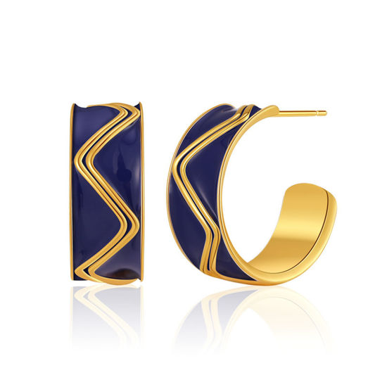 Bild von Umweltfreundlich Retro Stilvoll 18K Echtgold plattiert Kornblume blau Messing Welle Emaille Ohrreifen Für Frauen 22mm Durchmesser, 1 Paar