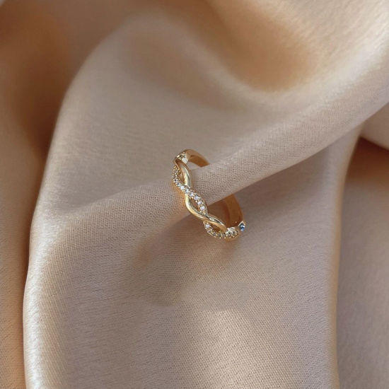 Immagine di Ecologico Semplice & Casual Elegante 14k Vero Oro Placcato Ottone & Zircone Cubico Aperto Regolabile Intrecciato Anello Per Donne 17mm (taglia di US: 6.5), 1 Pz