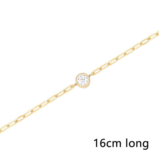 Изображение 1 ШТ вакуумное покрытие Изысканный Стильный 18K настоящее золото с покрытием 304 Нержавеющая Сталь & Циркон Позолоченные цепочки Круглые Браслеты с подвесками Для женщин 16см длина