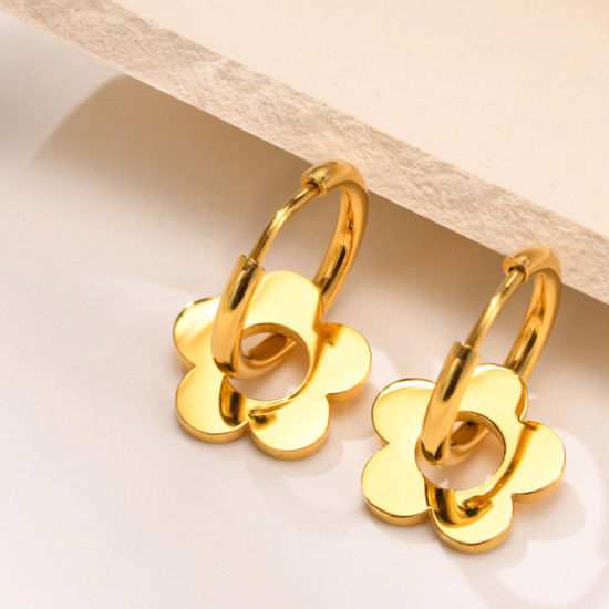 Imagen de 1 Par Enchapado al Vacío Dulce & Lindo Elegante Chapado en Oro de 18K 316L Acero Inoxidable Flor Pendientes Para Mujeres 3cm x 1.6cm