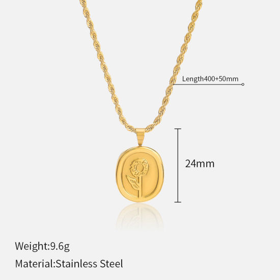 Picture of 1 Piece Vacuum Plating Retro Stylish 18K Real Gold Plated 304 Stainless Steel Braided Rope Chain Round Rose Flower Pendant Necklace For Women 40cm(15 6/8") long