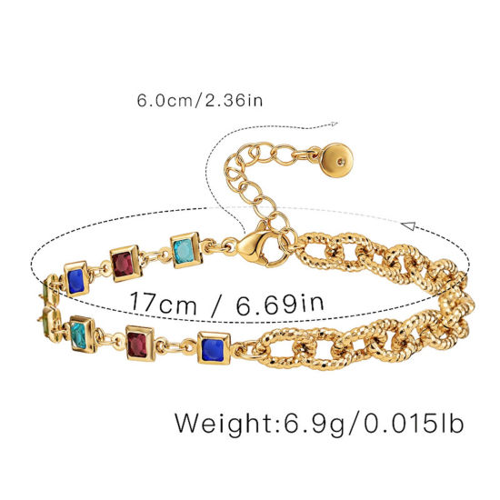 Picture of Eco-friendly Exquisite Stylish 18K Real Gold Plated Brass & Cubic Zirconia Curb Link Chain Rectangle Splicing Bracelets For Women 17cm(6 6/8") long, 1 Piece