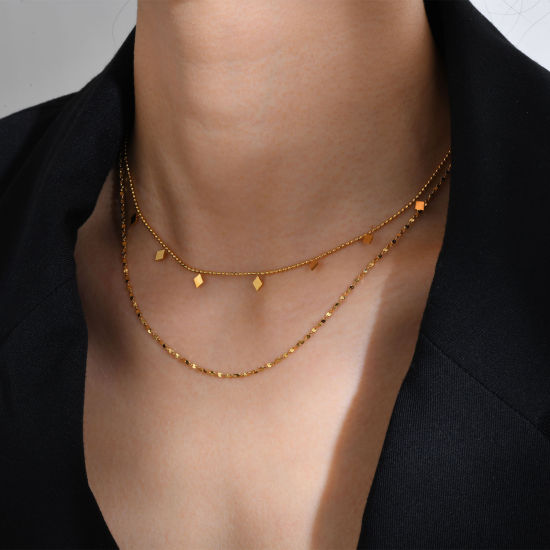 Imagen de 1 Unidad Enchapado al Vacío Sencillo & Casual Sencillo 18K Oro Real Chapado 304 Acero Inoxidable Cable Cadena Cruz Diamond Collar Múltiples Capas Unisexo Fiesta 40cm longitud