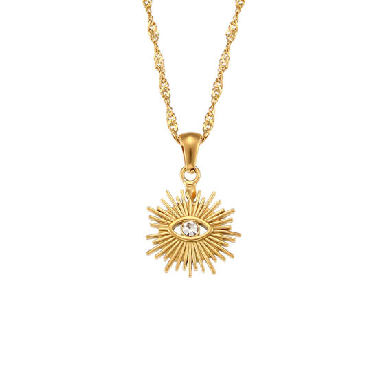 Picture of 1 Piece Vacuum Plating Exquisite Stylish 18K Real Gold Plated 304 Stainless Steel Wave Twisted Chain Sun Evil Eye Pendant Necklace For Women Party 40cm(15 6/8") long