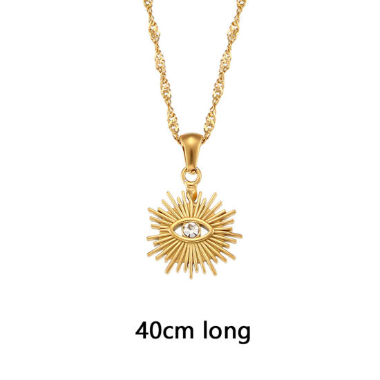 Picture of 1 Piece Vacuum Plating Exquisite Stylish 18K Real Gold Plated 304 Stainless Steel Wave Twisted Chain Sun Evil Eye Pendant Necklace For Women Party 40cm(15 6/8") long