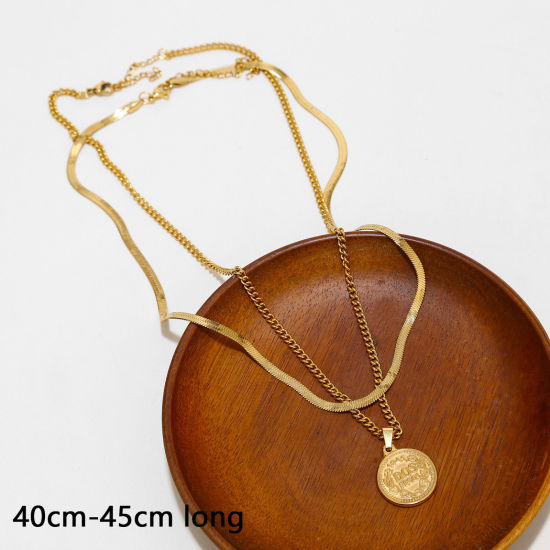 Picture of 1 Piece Vacuum Plating Simple & Casual Stylish 18K Gold Plated 304 Stainless Steel Snake Chain Round Initial Alphabet/ Capital Letter Multilayer Layered Necklace For Women 40cm-45cm long