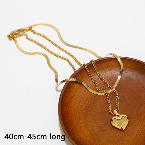 Picture of 1 Piece Vacuum Plating Simple & Casual Stylish 18K Gold Plated 304 Stainless Steel Snake Chain Heart Multilayer Layered Necklace For Women 40cm-45cm long