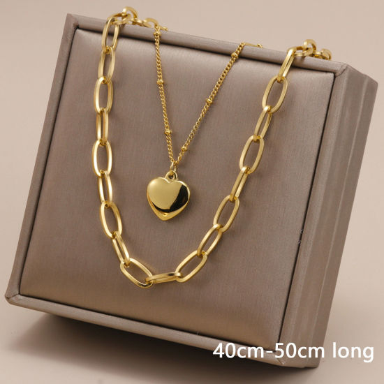 Picture of 1 Piece Vacuum Plating Simple & Casual Stylish 18K Gold Plated 304 Stainless Steel Paperclip Chain Heart Multilayer Layered Necklace For Women 40cm(15 6/8") long