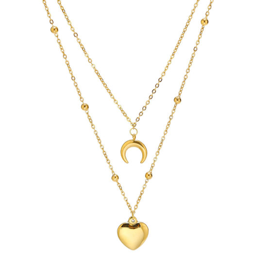 Picture of 1 Piece Vacuum Plating Simple & Casual Stylish 18K Gold Plated 304 Stainless Steel Ball Chain Heart Moon Multilayer Layered Necklace For Women 39cm-48cm long