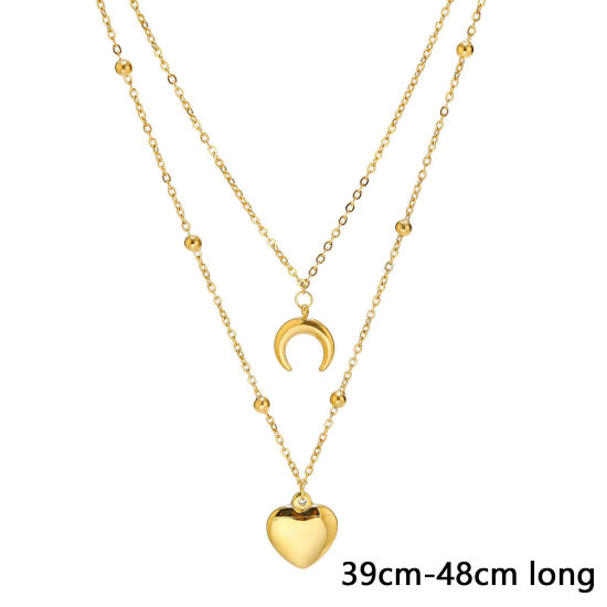 Picture of 1 Piece Vacuum Plating Simple & Casual Stylish 18K Gold Plated 304 Stainless Steel Ball Chain Heart Moon Multilayer Layered Necklace For Women 39cm-48cm long