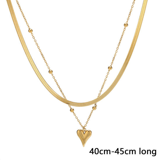 Picture of 1 Piece Vacuum Plating Simple & Casual Stylish 18K Gold Plated 304 Stainless Steel Ball Chain Heart Multilayer Layered Necklace For Women 40cm-45cm long