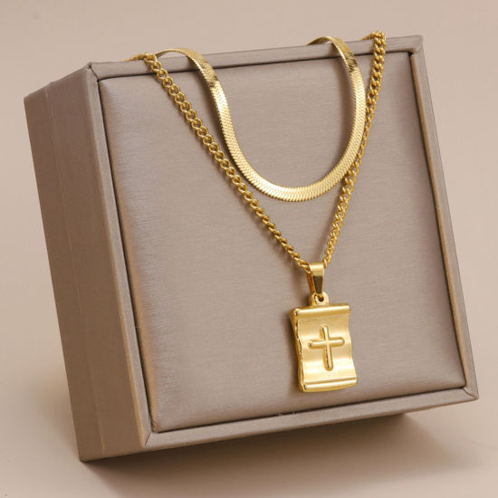 Picture of 1 Piece Vacuum Plating Simple & Casual Stylish 18K Gold Plated 304 Stainless Steel Snake Chain Rectangle Cross Multilayer Layered Necklace For Women 40cm-45cm long