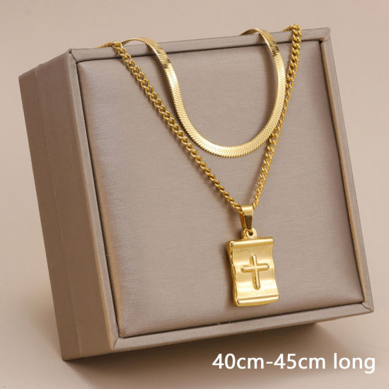 Picture of 1 Piece Vacuum Plating Simple & Casual Stylish 18K Gold Plated 304 Stainless Steel Snake Chain Rectangle Cross Multilayer Layered Necklace For Women 40cm-45cm long