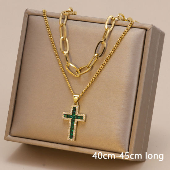 Picture of 1 Piece Vacuum Plating Simple & Casual Stylish 18K Gold Plated 304 Stainless Steel Paperclip Chain Cross Multilayer Layered Necklace For Women 40cm-45cm long