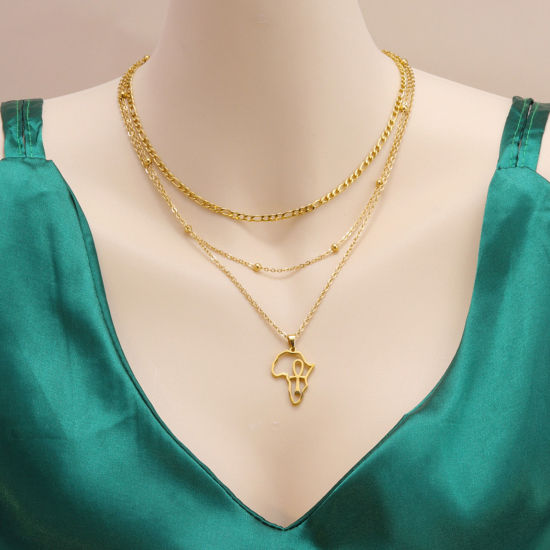 Picture of 1 Piece Vacuum Plating Simple & Casual Stylish 18K Gold Plated 304 Stainless Steel Link Cable Chain Map Multilayer Layered Necklace For Women 39cm-47cm long