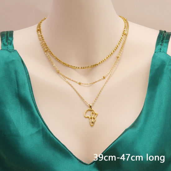 Picture of 1 Piece Vacuum Plating Simple & Casual Stylish 18K Gold Plated 304 Stainless Steel Link Cable Chain Map Multilayer Layered Necklace For Women 39cm-47cm long