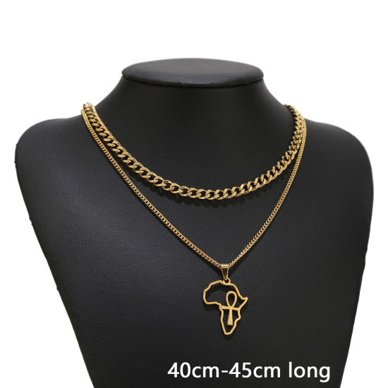 Bild von 1 Stück Vakuumbeschichtung Einfach und lässig Stilvoll 18K Gold plattiert 304 Edelstahl Gliederkette Kette Landkarte Mehrschichtige Halskette Für Frauen 40cm lang