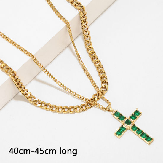 Picture of 1 Piece Vacuum Plating Simple & Casual Stylish 18K Gold Plated 304 Stainless Steel & Cubic Zirconia Curb Link Chain Cross Multilayer Layered Necklace For Women 40cm-45cm long
