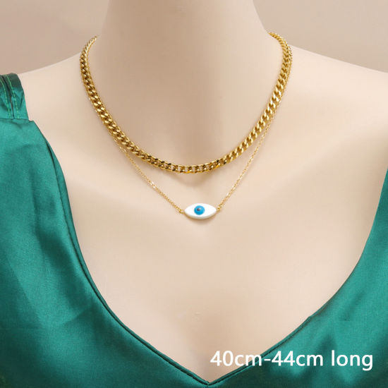 Picture of 1 Piece Vacuum Plating Simple & Casual Stylish 18K Gold Plated 304 Stainless Steel Curb Link Chain Evil Eye Multilayer Layered Necklace For Women 40cm-44cm long