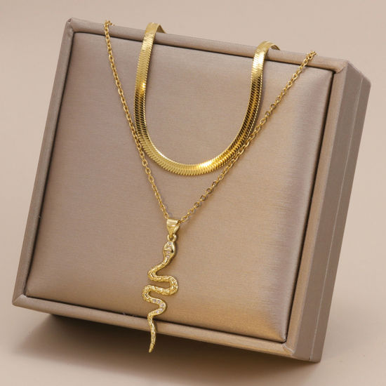 Picture of 1 Piece Vacuum Plating Simple & Casual Stylish 18K Gold Plated 304 Stainless Steel Snake Chain Snake Animal Multilayer Layered Necklace For Women 40cm-45cm long