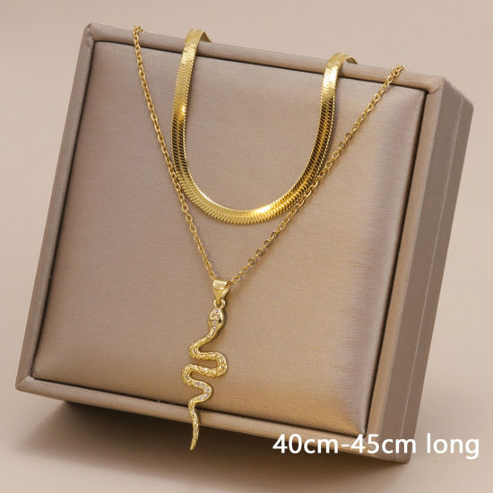 Picture of 1 Piece Vacuum Plating Simple & Casual Stylish 18K Gold Plated 304 Stainless Steel Snake Chain Snake Animal Multilayer Layered Necklace For Women 40cm-45cm long