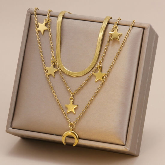 Picture of 1 Piece Vacuum Plating Simple & Casual Stylish 18K Gold Plated 304 Stainless Steel Snake Chain Star Moon Multilayer Layered Necklace For Women 40cm-49cm long