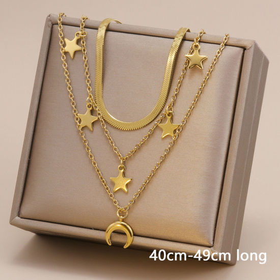 Picture of 1 Piece Vacuum Plating Simple & Casual Stylish 18K Gold Plated 304 Stainless Steel Snake Chain Star Moon Multilayer Layered Necklace For Women 40cm-49cm long