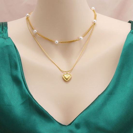 Picture of 1 Piece Vacuum Plating Simple & Casual Stylish 18K Gold Plated 304 Stainless Steel Ball Chain Heart Multilayer Layered Necklace For Women 40cm-45cm long