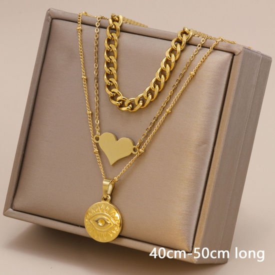 Picture of 1 Piece Vacuum Plating Simple & Casual Stylish 18K Gold Plated 304 Stainless Steel Curb Link Chain Heart Round Multilayer Layered Necklace For Women 40cm-50cm long