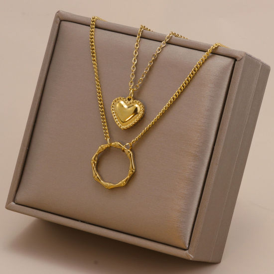Picture of 1 Piece Vacuum Plating Simple & Casual Stylish 18K Gold Plated 304 Stainless Steel Link Cable Chain Heart Circle Ring Multilayer Layered Necklace For Women 40cm-45cm long